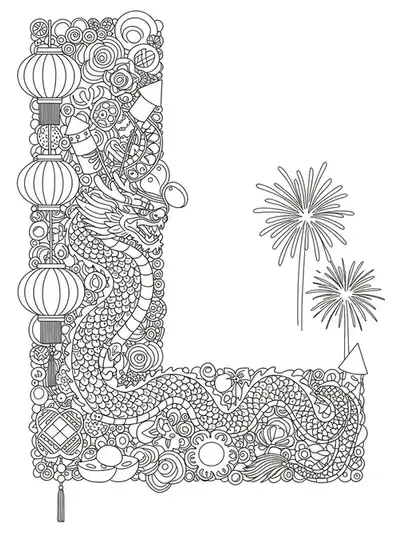 Coloring page with letter L, ornate lanterns, dragons, and fireworks celebrating Lunar New Year.