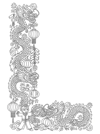 Coloring page with the letter L, Lunar New Year dragons, lanterns, firecrackers, and dancers, medium detail.