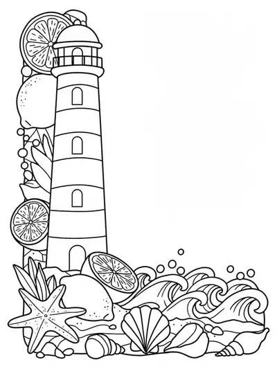 Outline drawing of the letter L with a lighthouse, lemons, and beach elements