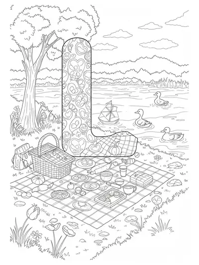 Coloring page with letter L at a picnic by a lake, with baskets, sandwiches, ducks, and detailed water patterns.