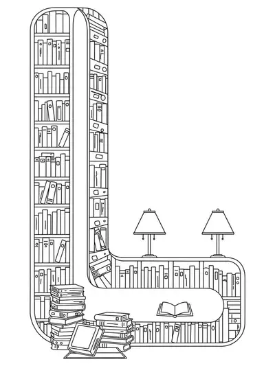 Coloring page with letter L among bookshelves, open books, and reading lamps in a detailed library scene.
