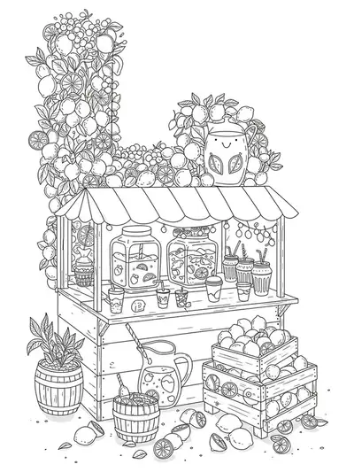 Letter L with a detailed lemonade stand, lemons, cups, and decorative summer elements for preschoolers