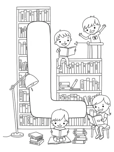 A coloring page showing the letter L in a library, with bookshelves, lamp, and children reading.