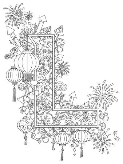 Letter L decorated with Chinese lanterns, fireworks, and detailed festival patterns for hard preschool coloring