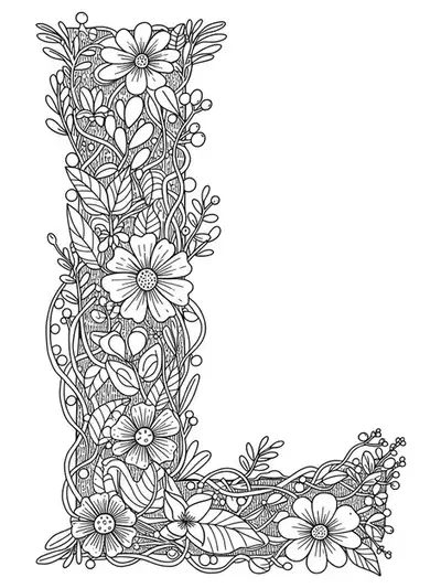 Letter L at the center of a complex botanical mandala with leaves and flowers, hard difficulty.