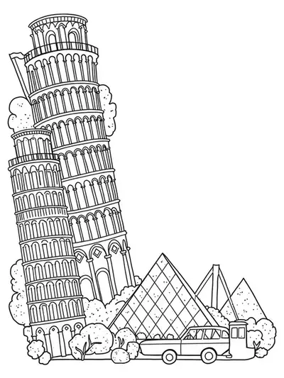 Medium complexity coloring page of the letter L incorporated with famous world landmarks and architectural icons.