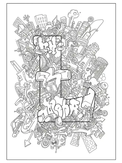 Graffiti-style Letter L surrounded by cityscape doodles, tags, and detailed street art elements, hard level.