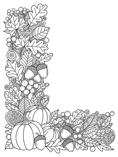 Coloring page with letter L among swirling autumn leaves, pumpkins, and acorns for an autumn festival theme.