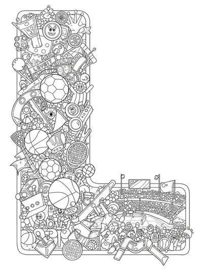 Coloring page with letter L surrounded by detailed sports stadium, soccer balls, hoops, and cheering fans.