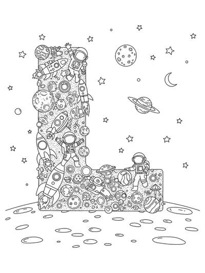 Detailed coloring page featuring letter L with astronauts, rockets, moons, and stars in a lunar scene.
