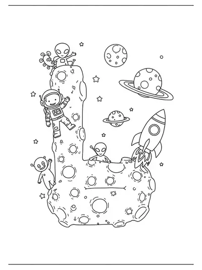 Medium-complexity coloring page featuring the letter L on a lunar surface with craters, astronaut, rocket, and aliens.