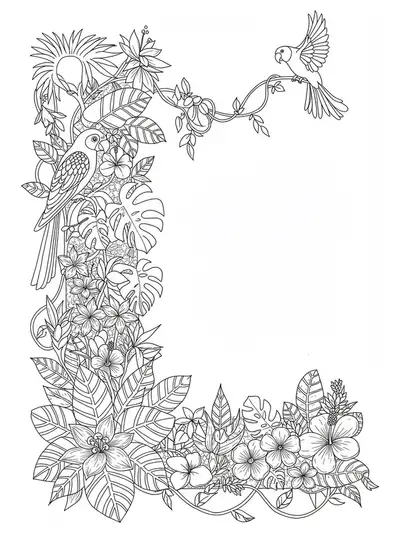 Intricate coloring page with letter L among rainforest plants, birds, and flowers in a detailed jungle scene.