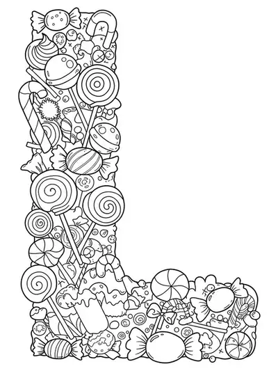 Intricate letter L with swirling lollipops, candy pieces, and fantasy patterns for preschoolers to color