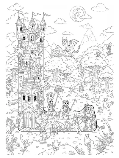 Coloring page with letter L among castles, dragons, knights, and magical forests in a fantasy scene.