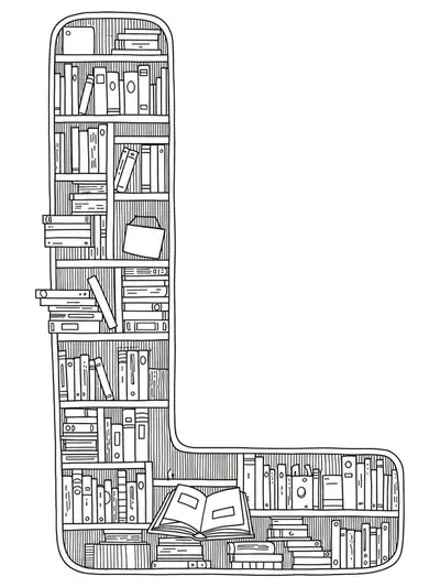 Medium complexity coloring page featuring the letter L integrated into a detailed library with books and shelves.