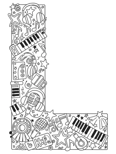 K-Pop-themed Letter L surrounded by detailed microphones, headphones, and musical notes, hard level.