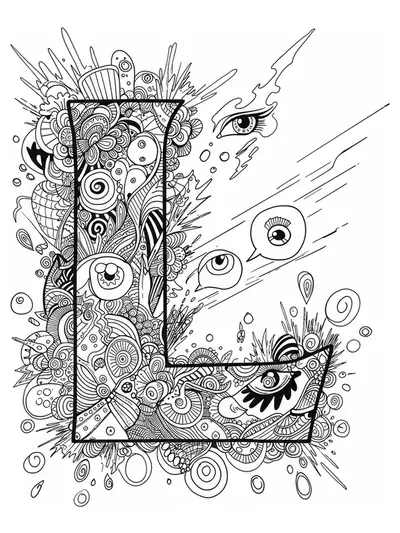 Manga-inspired Letter L with expressive manga eyes, speech bubbles, and dynamic backgrounds, hard level.