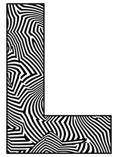Optical illusion-themed Letter L with geometric patterns and warped lines, hard difficulty for teens.