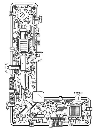 Complex steampunk-inspired Letter L with gears, pipes, and circuitry, hard difficulty for teens.