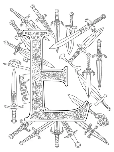Letter L surrounded by various legendary swords, medium complexity.