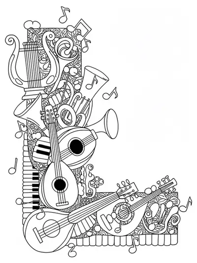 Medium complexity coloring page of the letter L surrounded by various musical instruments and notes.