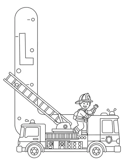 Outline drawing of the letter L, firetruck ladder, and firefighter