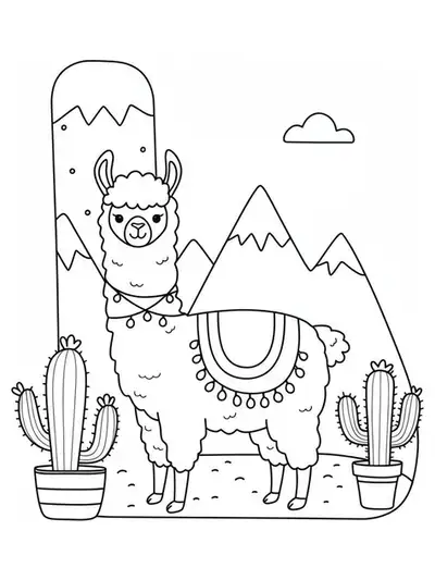 Outline drawing of the letter L with a llama and mountains in the background