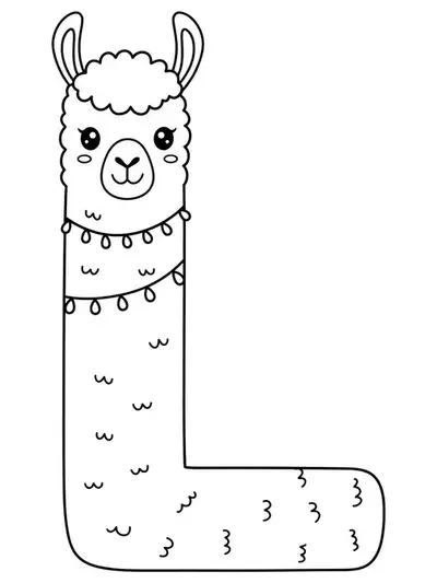 Coloring page of the letter L with a friendly cartoon llama, easy outlines.