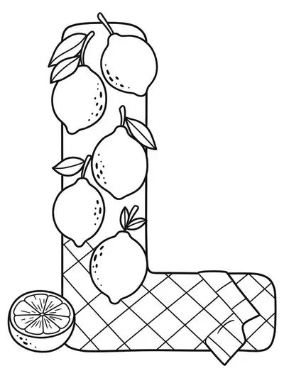Large letter L with big lemon slices on a picnic cloth, easy coloring page for kids