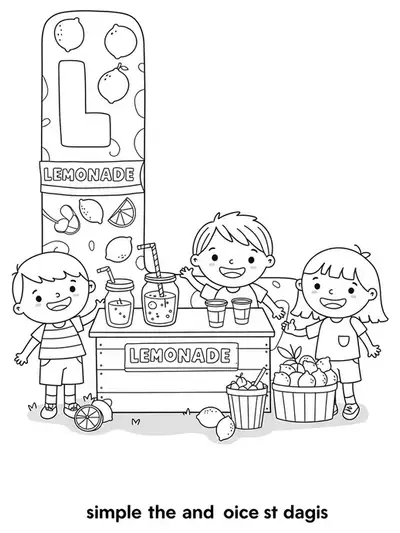 Outline drawing of the letter L with a lemonade stand and children