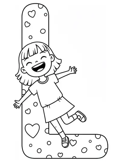 Outline drawing of the letter L with a little girl laughing