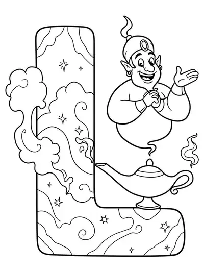 Coloring page of the letter L with a magic lamp and a genie, easy outlines.