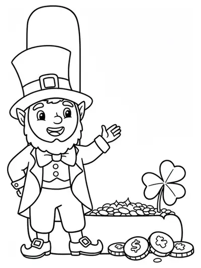 Outline drawing of the letter L with a leprechaun, clover, and gold coins