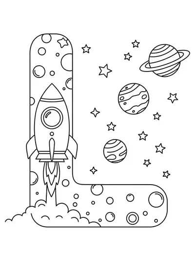 Outline drawing of the letter L with a rocket launching and planets in space