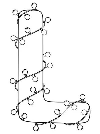 Letter L covered in large cartoon Christmas lights, easy and simple coloring page