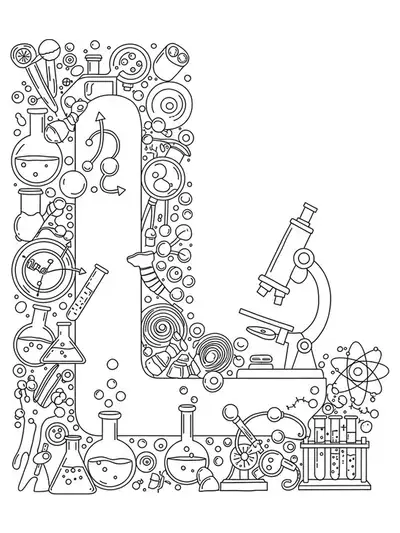 Letter L with detailed lab equipment, beakers, and science tools for preschool coloring
