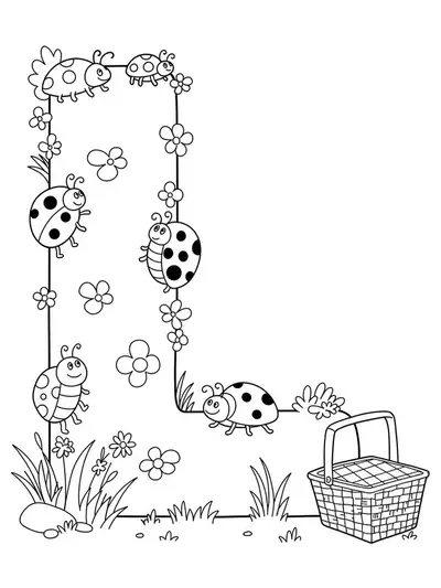 Coloring page of the letter L with ladybugs and picnic basket, simple design.