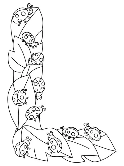 Outline drawing of the letter L with ladybugs and leaves around it