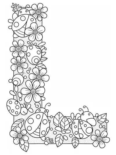 Coloring page with the letter L, ladybugs, flowers, and leaves, designed with moderate detail for kids.