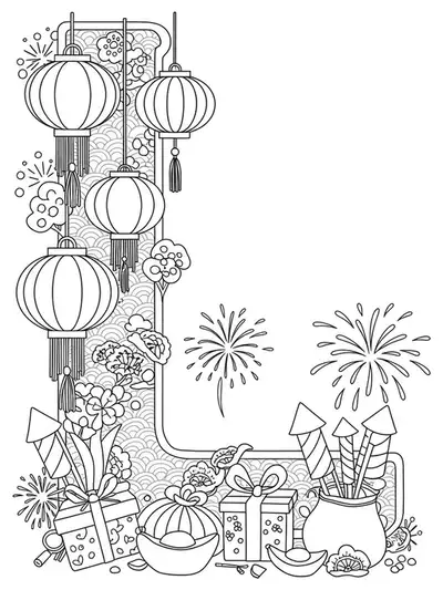Outline drawing of the letter L with lanterns and Lunar New Year decorations