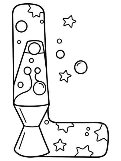 Coloring page of the letter L with a lava lamp and stars, simple lines.