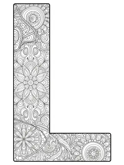 Medium complexity coloring page of the letter L adorned with delicate lace and textile-inspired patterns.