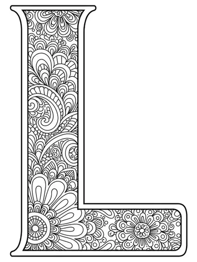 Letter L decorated with detailed lace patterns and fine designs for hard preschool coloring
