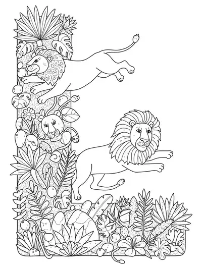 Detailed letter L with leaping lions, jungle leaves, and vines for preschoolers to color