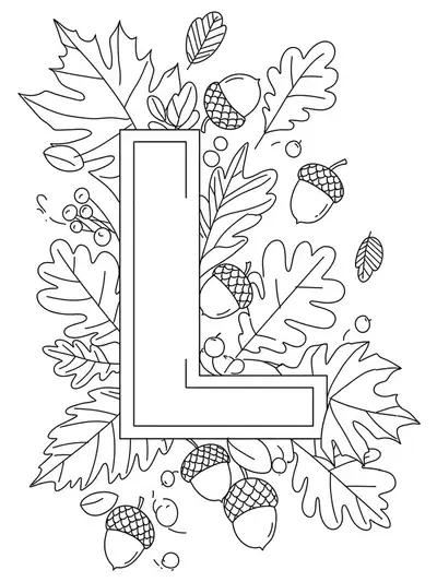 Coloring page of the letter L with large autumn leaves, simple design.