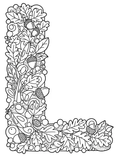 Coloring page with the letter L, autumn leaves, acorns, and swirling wind, with medium detail.