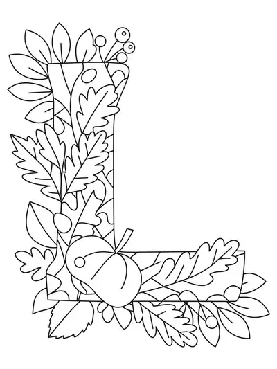 Letter L surrounded by large cartoon autumn leaves, easy lines for preschoolers