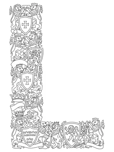 Medium complexity adult coloring page of the letter L flanked by stylized heraldic lions and shields.