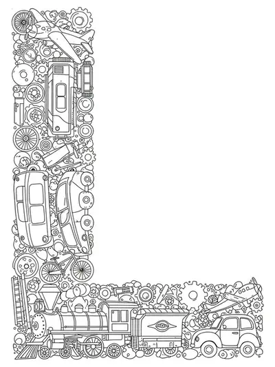 Coloring page with letter L surrounded by detailed locomotives, cars, bicycles, airplanes, and vehicle elements.