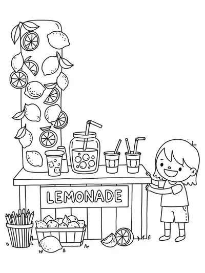 A medium-detail coloring page of the letter L with a lemonade stand, lemons, cups, and a child.